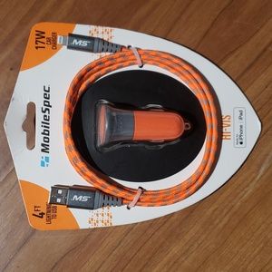 NIB i-phone "MobileSpec" 4 ft lightning to USB orange 2 port car charger…